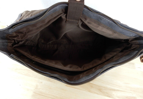 Canvas Leather Messenger Bag blue grey brown 15" long 12" tall brass hardware - Picture 11 of 24