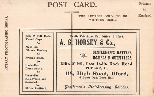 ANUNCIO POSTAL A G HORSEY POPLAR & ILFORD OUTFITTERS CLARE EVELYN ACTRIZ - Imagen 1 de 2