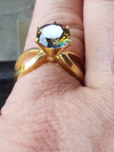 Anillo solitario de topacio místico creado en laboratorio corte redondo oro amarillo macizo de 10 k  - Imagen 12 de 12