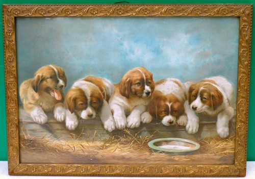 um 1900 SPANIEL Welpen Hunde gerahmter Druck Chromolithographie im Originalrahmen