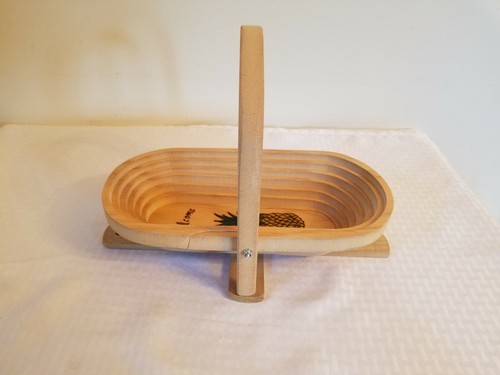 Hawaiian pineapple tiki Wood Signed Collapsible Wooden Bread fruit Basket Trivet - Picture 2 of 11