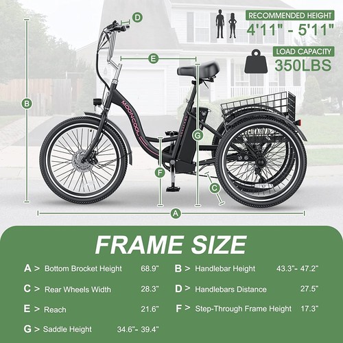 MOONCOOL 24" 26" 7 Speed 350W Electric Tricycle Trike 36V 10Ah Battery & Charge - Picture 59 of 93