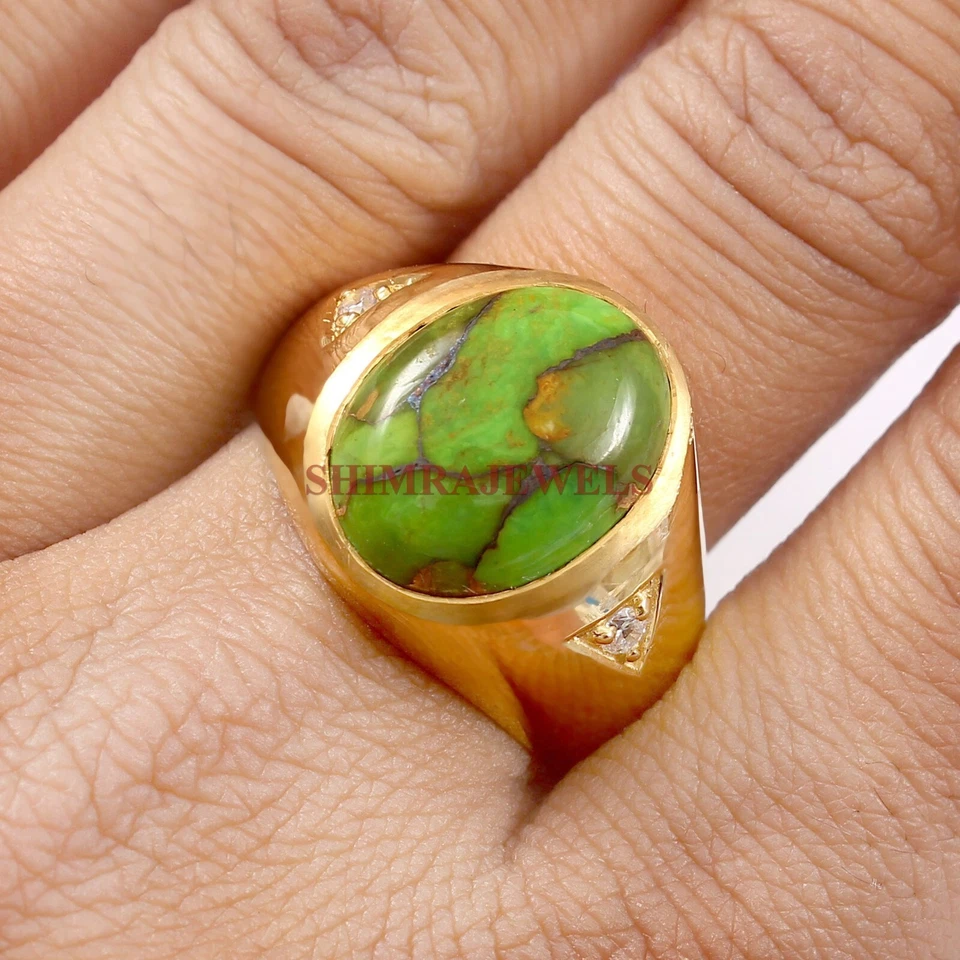 Künstlicher Grün Kupfer Türkis 18K Vergoldet Silber Ring für Herren #89 - Bild 2 von 4