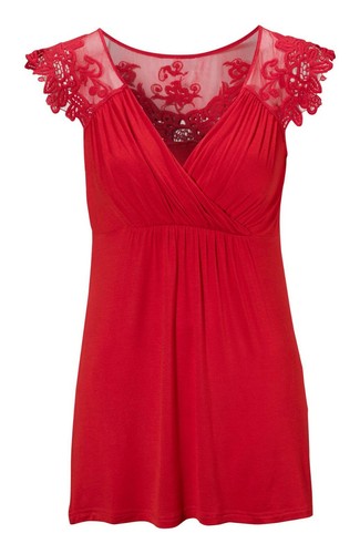 Pretty Red Stretch Jersey Plunge Neck Guipure Lace Trim Top Tunic Size 8
