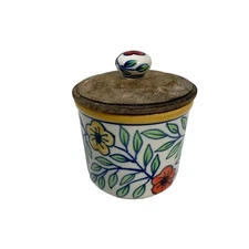 Floral Canister Wooden Lid 3.25" 4.75" Tall Multicolor Jar Container Ceramic