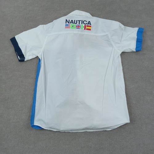 Nautica Shirt Boys Youth Large Blue White Button Up Short Sleeve Casual Flags - Picture 7 of 10