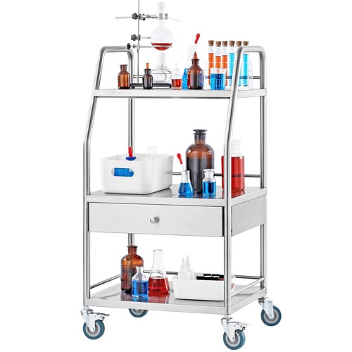 VEVOR Lab Rolling Cart Dental Lab Serving Cart 3 Tiers 1 Drawer Stainless Steel - Picture 10 of 12
