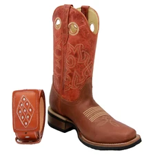 Mens Genuine Leather Cowboy Square Toe Rodeo Boots with Free Belt
