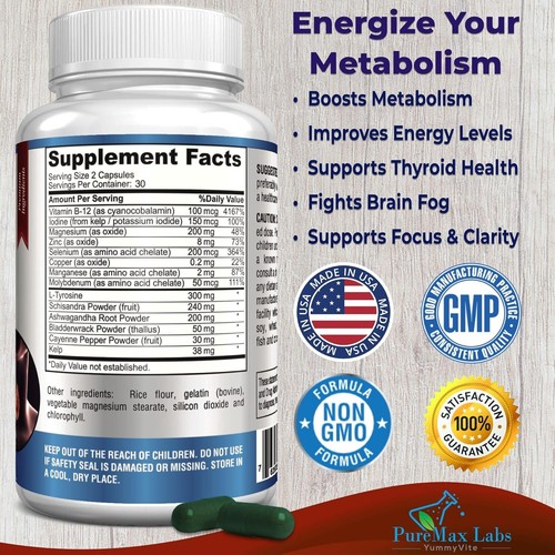 Thyroid Support w/ Iodine Supports Energy Level & Healthy Metabolism 60 Capsules - Picture 2 of 6