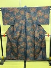 Japanese Vintage Kimono Pure Silk Navy Yuuki Tsumugi Expensive Height 62.99in
