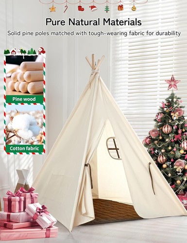 BERSEY Kids Tent, Teepee Play Tent with Lights and Padded Mat, Portable Cotton - Picture 3 of 9