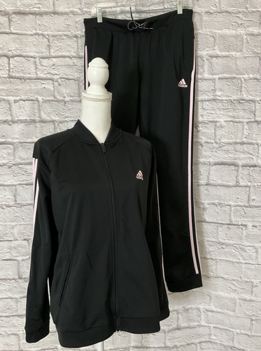Adidas Tracksuit Womens Large Black Pink Stripe Jacket Jogger Pants Logo Set - Picture 17 of 23