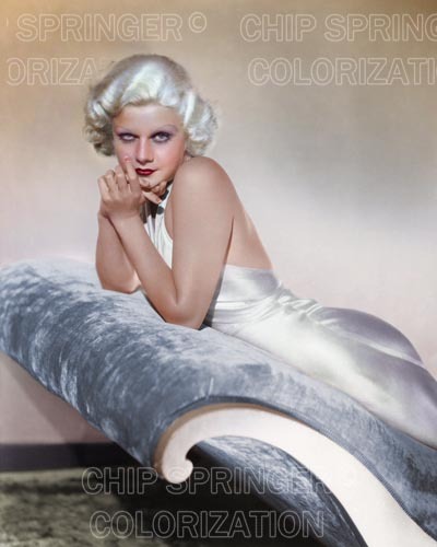 JEAN HARLOW ON LARGE BLUE CHAISE BEAUTIFUL COLOR PHOTO BY CHIP SPRINGER - Picture 1 of 1