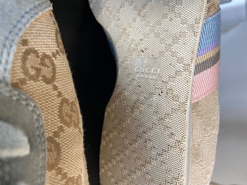 GUCCI MONOGRAM GG LOGO FLATS fabric tan pink SNEAKERS RUBBER SHOES 37-6.5 LACED - Picture 20 of 20
