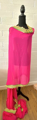 Womens Pink Chiffon Sequenced Sari Saree Dupata Trim W/Embroidery. Used - Picture 6 of 6
