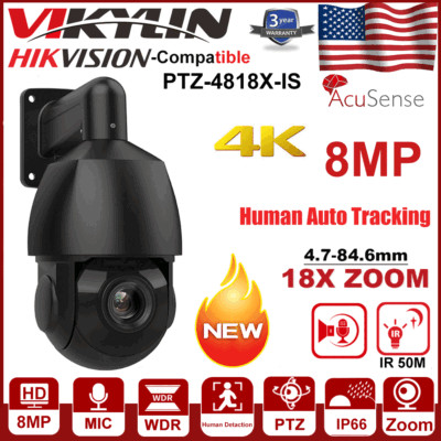 Hikvision Compatible 4K 8MP 18X Zoom PTZ Camera IR POE 2Way Audio Auto Tracking