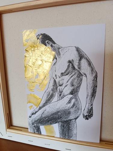 painting man Male portrait GOLD leaf painting original Drawing Nudemen 8х6 LGBT - Picture 3 of 4