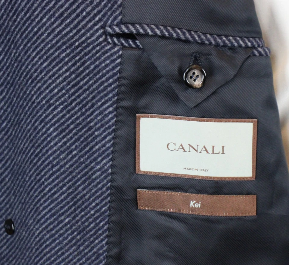 Canali Kei Coat 50 R (60 EU) Mens Navy Grey Stripe Cashmere Modern Fit NWT $2965 - Image 2 of 4