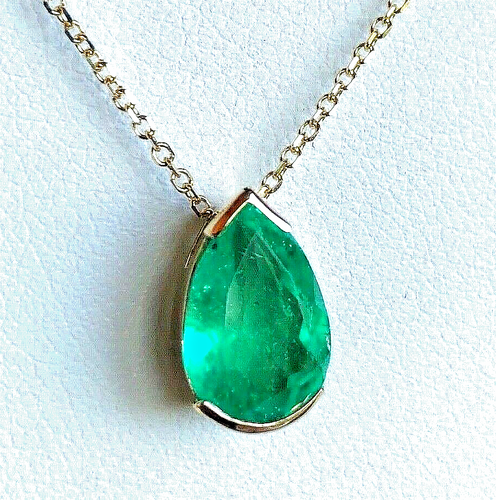 3.00 Carats Colombian Emerald Pear Drop Pendant Necklace 18K Gold - Picture 1 of 8