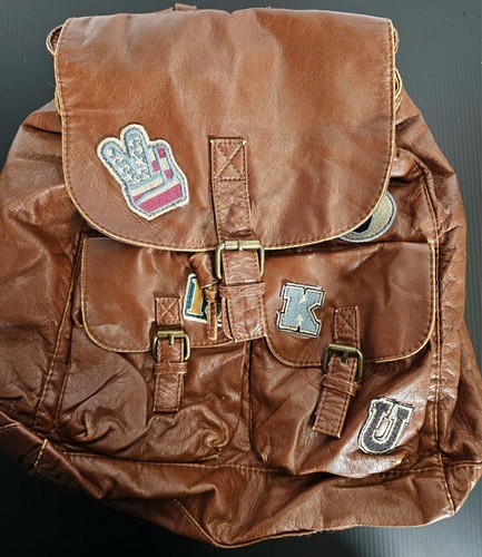 Mudd Back Pack Bag Brown Flux Leather Patches Adjustable Back Straps Snap Close - Picture 4 of 7