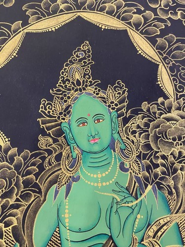 Handpainted Tibetan Chinese Green Tara Thangka painting yoga Buddha Thanka Art - Picture 4 of 5