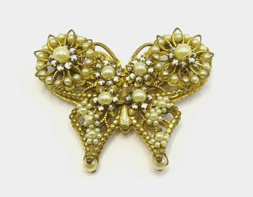 Vtg Butterfly Pearl Rhinestone Brass Costume Jewelry Brooch Pin Unsigned Haskall