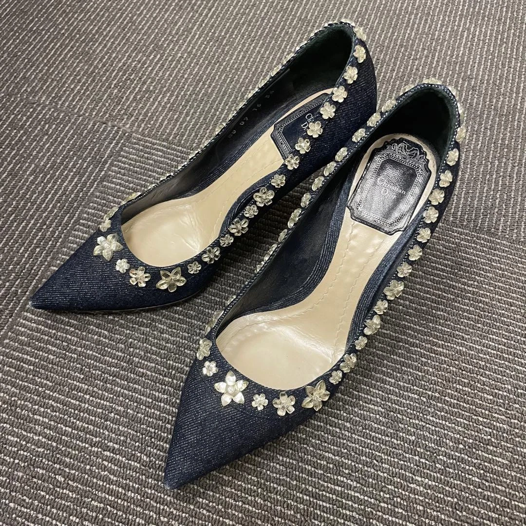 Escarpins Christian Dior talons hauts denim fleurs bleu US6 authentique du Japon RA