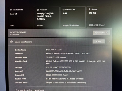 windows intel i5 3.2ghz 32GB RAM GTX 1060 GPU 1TB SSD - Picture 2 of 3
