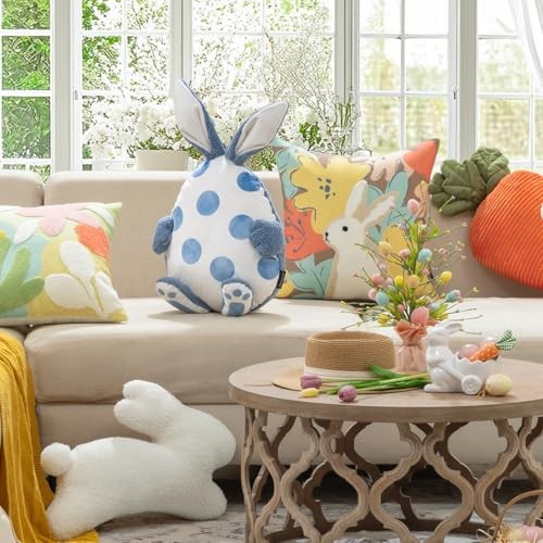 Happy Easter Shaped Throw Pillow, Plush Sherpa Egg Pillow with Bunny Ears & - Imagen 2 de 7