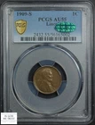 1909 S Lincoln Wheat Copper Cent 1C PCGS AU 55 CAC