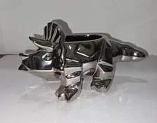 Silver Chrome Triceratops Dinosaur Ceramic Planter / Trinket / Candle Holder 9”L