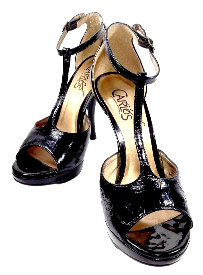 CARLOS SANTANA Women SIZE 5.5 Open Toe T Strap Pump Black Patent Stiletto Kinky - Image 2 of 4