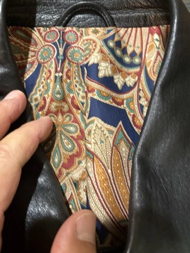STUNNING Bullock & Jones Soft Black Leather Paisley Silk Lined Coat 48 XXL image 3