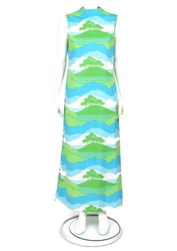 Vintage 70er Mod Nature Sunset Sillouette Landschaft grün blau Maxikleid Gr. L /860