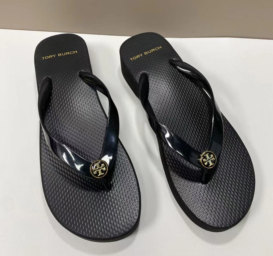 Tory Burch Women's Black Wedge Heel Flip Flops Beach Slippers - Image 3 of 4