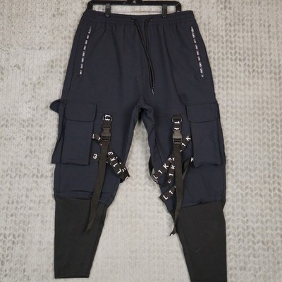 Bershka Cargo Joggers Mens XL Black Techwear Straps Buckle Tapered Polyester