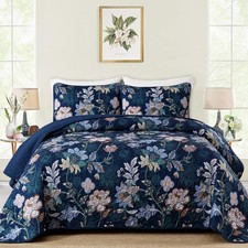 Quilt Set Queen Size, Navy Blue Botanical Queen Bedspread Bedding Sets, 3 Pie...