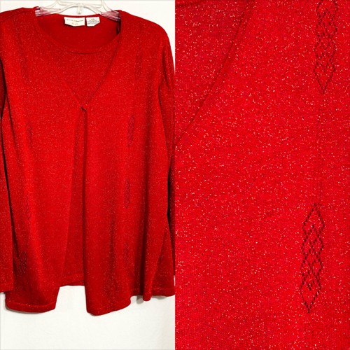 DAMENPULLOVER XL ROT GLITZER LANGARM EIN KNOPFLEISTE PULLOVER - Bild 1 von 6