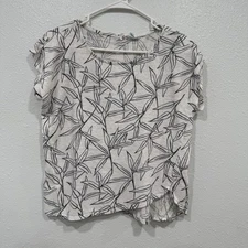 Cynthia Rowley White Black Leaf Print Linen Blend Short Sleeve T Shirt Top XL