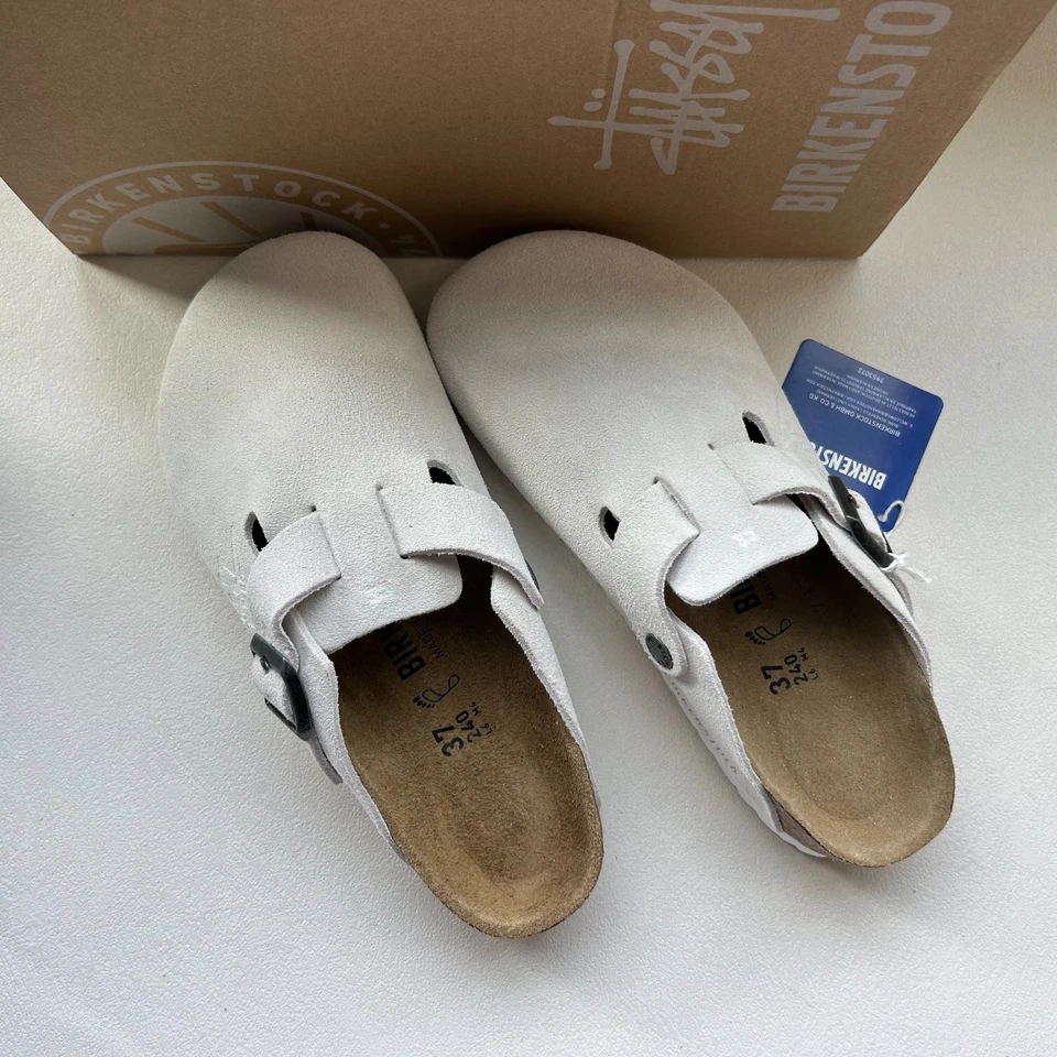 Birkenstock Boston x Stussy Bone Zuecos Gamuza Cuero Zapatos Ajuste Ancho Talla EE. UU. 6-12 Foto 3 de 4