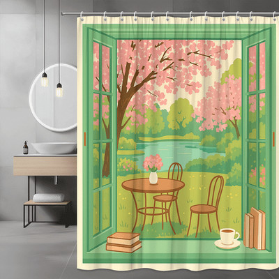 Cherry Blossom Garden View Shower Curtain, Floral Window Scene