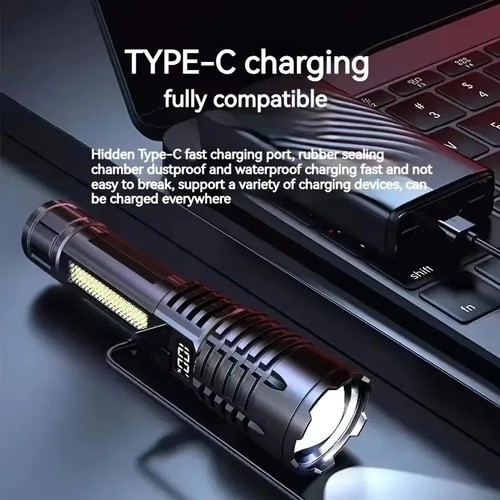 High Power LED Taschenlampe Leistungsstarke TYP-C Wiederaufladbare COB Taschenlampe mit Seite - Bild 5 von 10