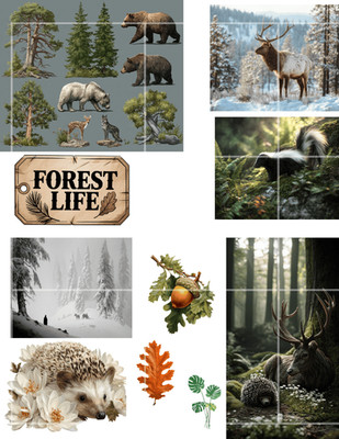 Forest Life Collage Sheet Supply Scrapbook Junk Journal Kit Card Toppers 4 Pages