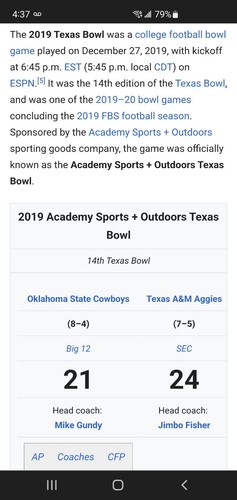 2019 NCAA ACADEMY TEXAS BOWL Texas A&M v Oklahoma State Cowboys (24-21) @ NRG St - Picture 3 of 7