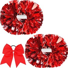 Hlonon 2 Pcs Cheerleading Pom Poms and Large Cheerleader 100 g, Red Silver 1