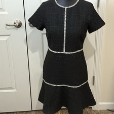 Ann Taylor Petite Black White Tweed Tiered Flared Cap Sleeve Dress Size 4P