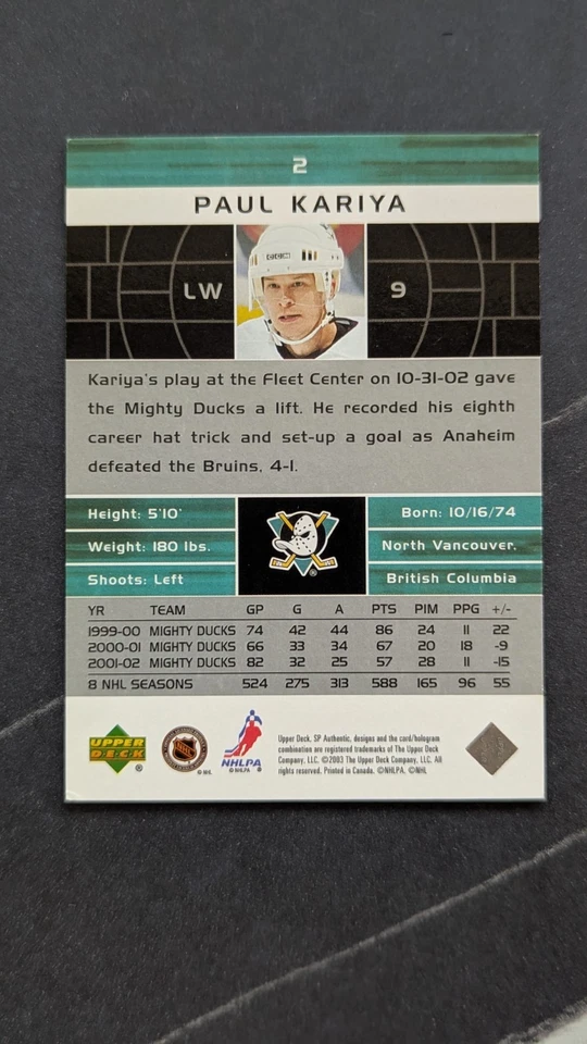 2002-03 SP Authentic #2 Paul Kariya Ducks - Image 2 of 2