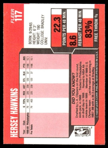 1989-90 Fleer Hersey Hawkins Rookie Philadelphia 76ers #117 - Picture 2 of 2