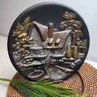Vintage Embossed Wall Plaque Chalkware 3D Cottage Scene Plaster Black Gold