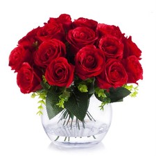 18 Heads Silk Rose Artificial Flowers in Vase, Red Faux Rose Flowers